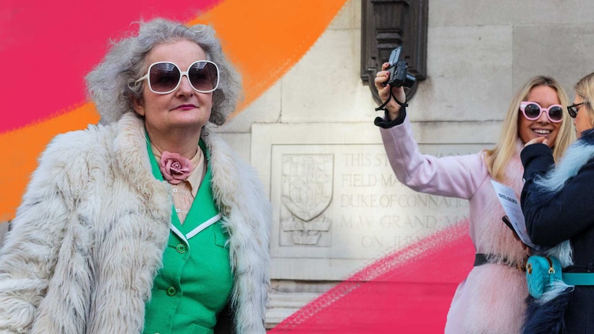 Older woman in big sunglasses with two younger women behind taking a selfie to depict travelling with older people.