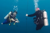 Two men with amputated legs diving, guided with rope, facing each other