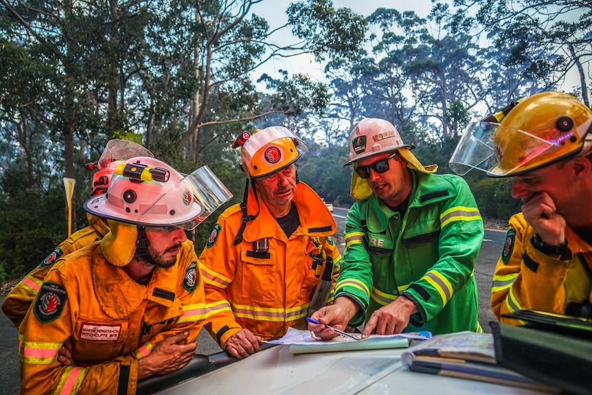 Firefighters pore over a map.