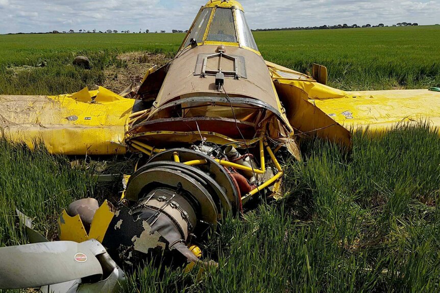 yellow plane wreck in field of crop