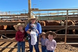 A woman with four young boys smiling standing in front of cattle.