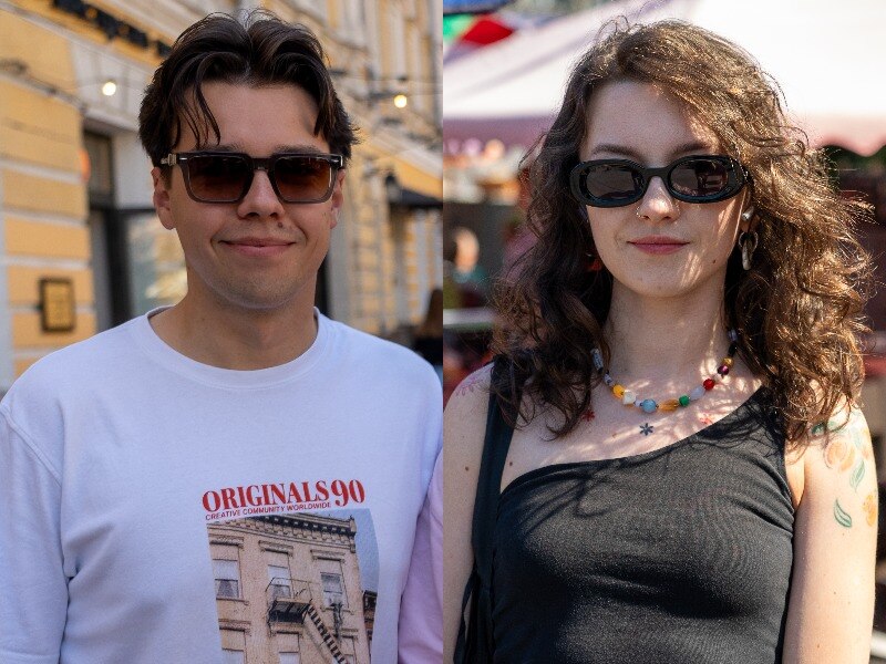 Eugene and Yulia both wear sunglasses and stand outdoors in a composite photo of their two portraits.