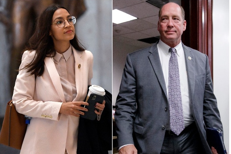 A composite of Alexandria Ocasio-Cortez and Ted Yoho they are both walking