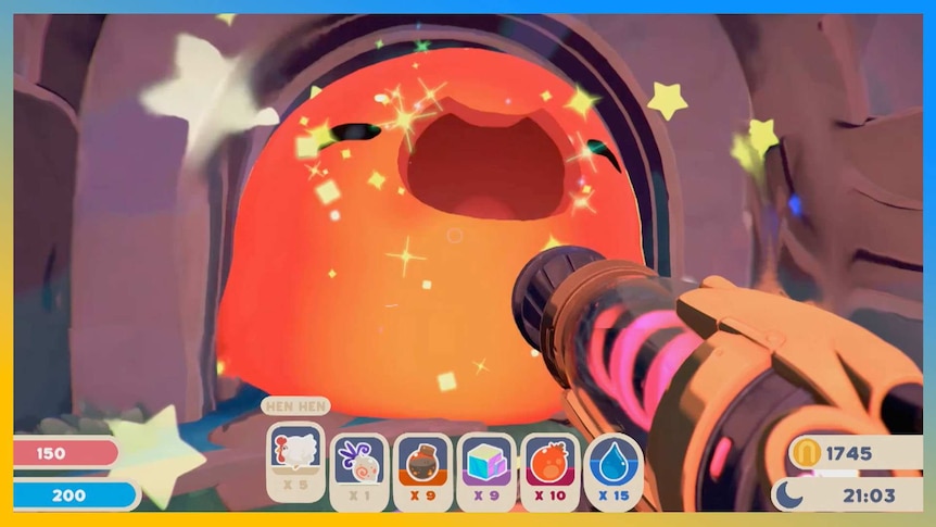 A Slime Rancher giant Slime being fed.