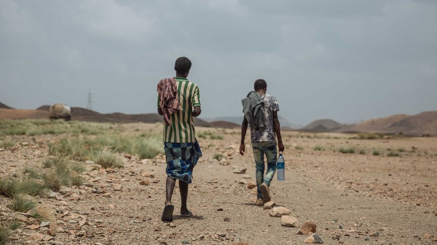 Two men, with their backs facing the camera, walk along a dirt road.