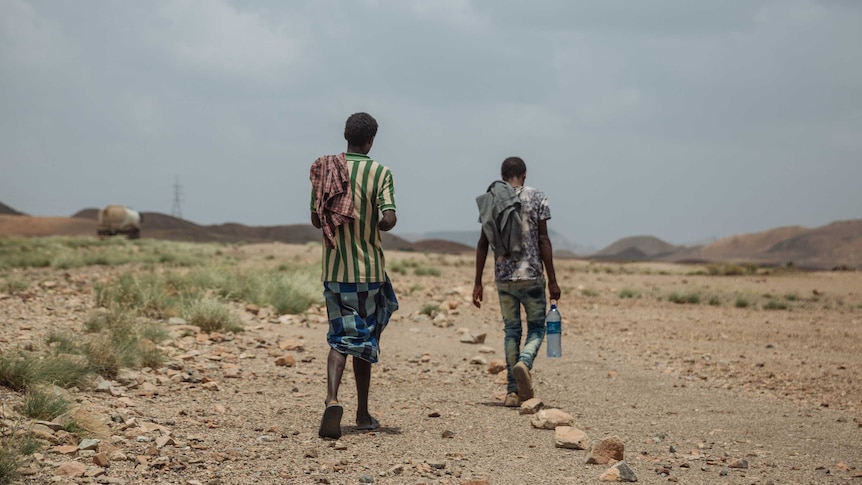 Two men, with their backs facing the camera, walk along a dirt road.