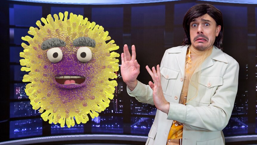 An personified illustration of the fle virus and Jack dressed as TV host looking very concerned about being so close to it.