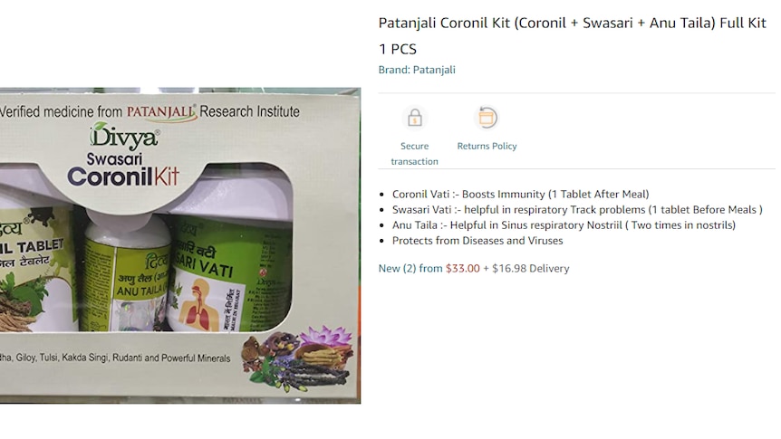 Ramdev's Coronil product for sale on the Amazon website in Australia.