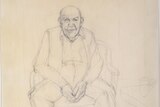 A pencil sketch of Alex Bartos seated on an armchair