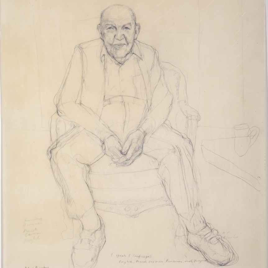 A pencil sketch of Alex Bartos seated on an armchair
