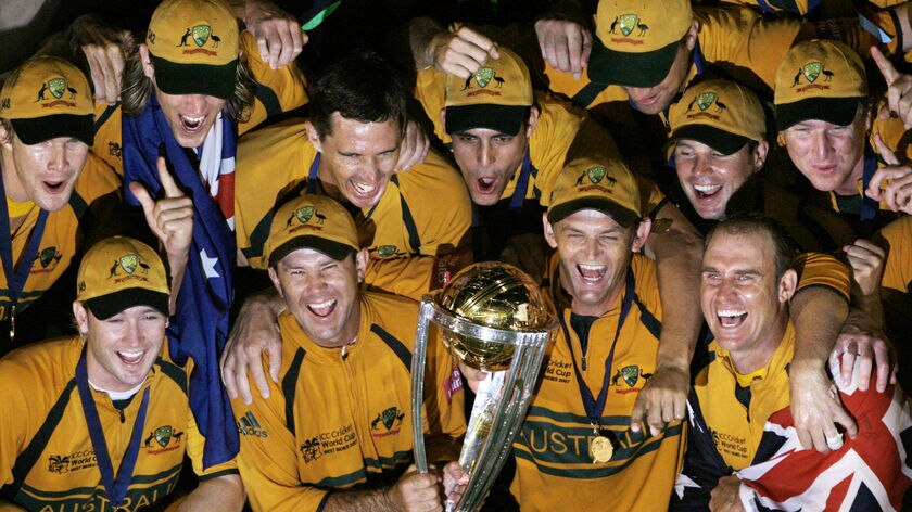 Australian team celebrates after winning 2007 Cricket World Cup final against Sri Lanka in Barbados.