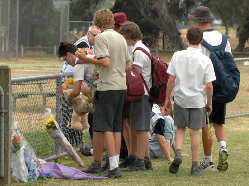 Tyabb students pay their respects to Luke Batty, an 11-year-old boy who was killed by his father at Tyabb cricket ground
