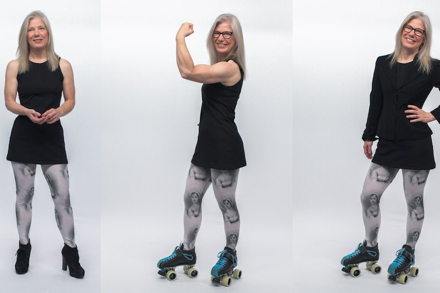 Three images of a woman standing wearing a black dress, Jane Austen tights, and roller skates.