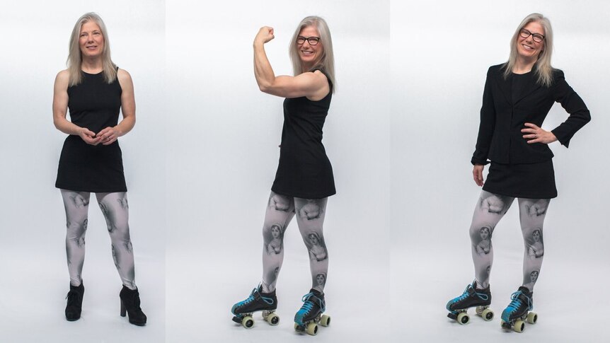 Three images of a woman standing wearing a black dress, Jane Austen tights, and roller skates.