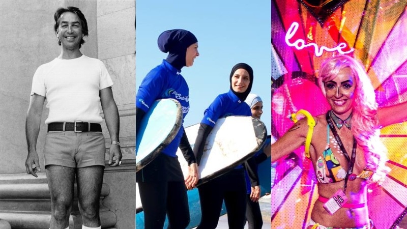 A composite image of a man wearing short shorts, women in burkinis holding surfboards and a colourful mardi gras person