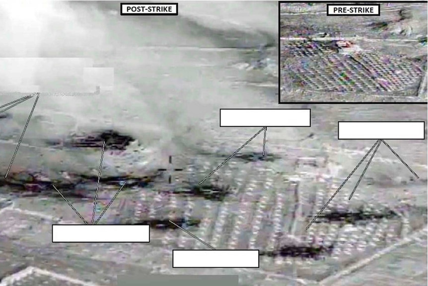 An area US officials say was an Islamic State vehicle staging centre near Abu Kamal, Syria, is seen before (inset) and after it was struck by US aircraft.