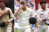 A collage of three cricket players looking disappointed.