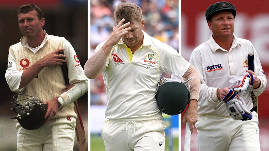 A collage of three cricket players looking disappointed.