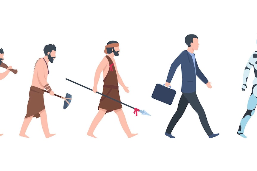 Digital illustration of 5 walking figures, each more evolved than the previous. The first is a caveman; the last is a robot.