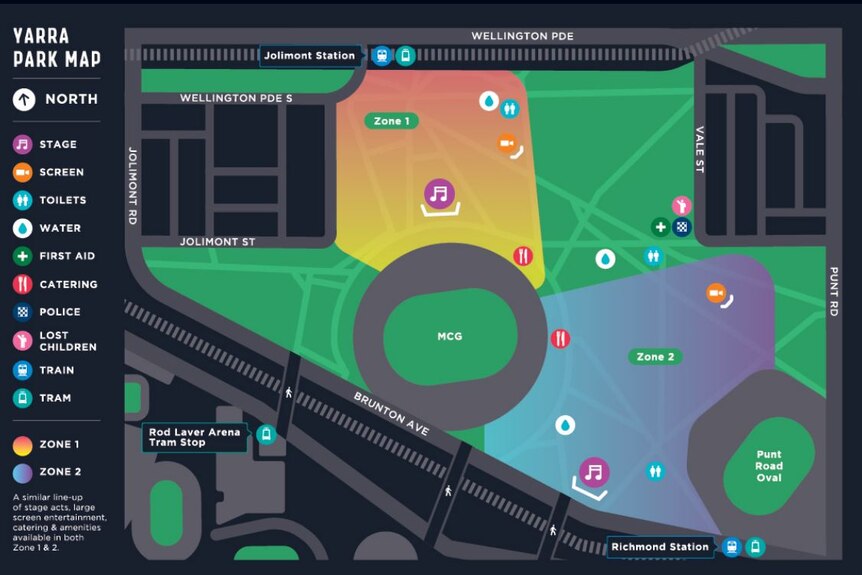 A map of the facilities available at Yarra Park for New Year's Eve.