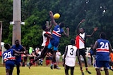 Two ruckmen jump for the ball on a football field.