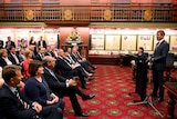 NSW Premier Mike Baird addresses the first party room meeting after the election win