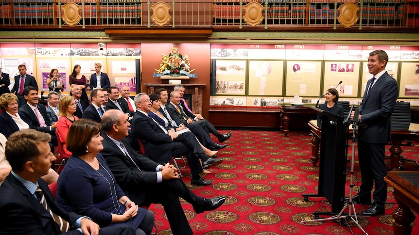 NSW Premier Mike Baird addresses the first party room meeting after the election win