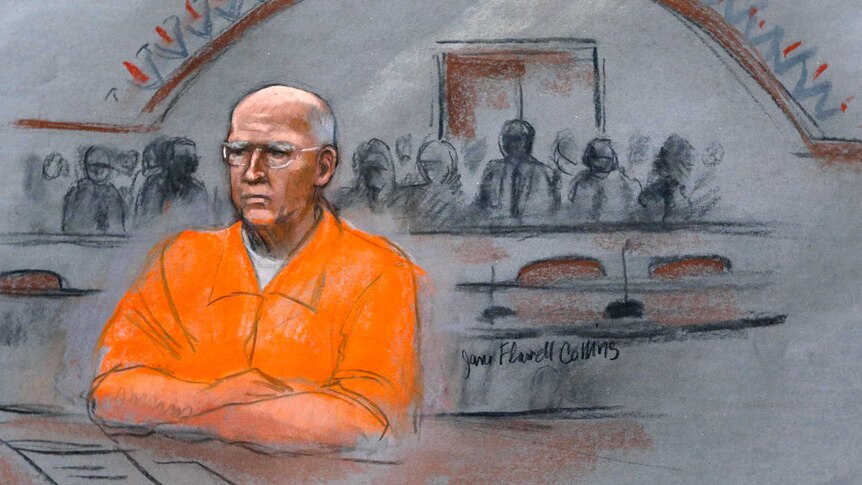 A courtroom sketch of James "Whitey" Bulger at his sentencing hearing in federal court in Boston.