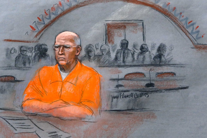 A courtroom sketch of James "Whitey" Bulger at his sentencing hearing in federal court in Boston.