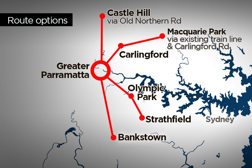 A map showing the proposed route of a light rail line from Parramatta to Strathfield via Olympic Park.
