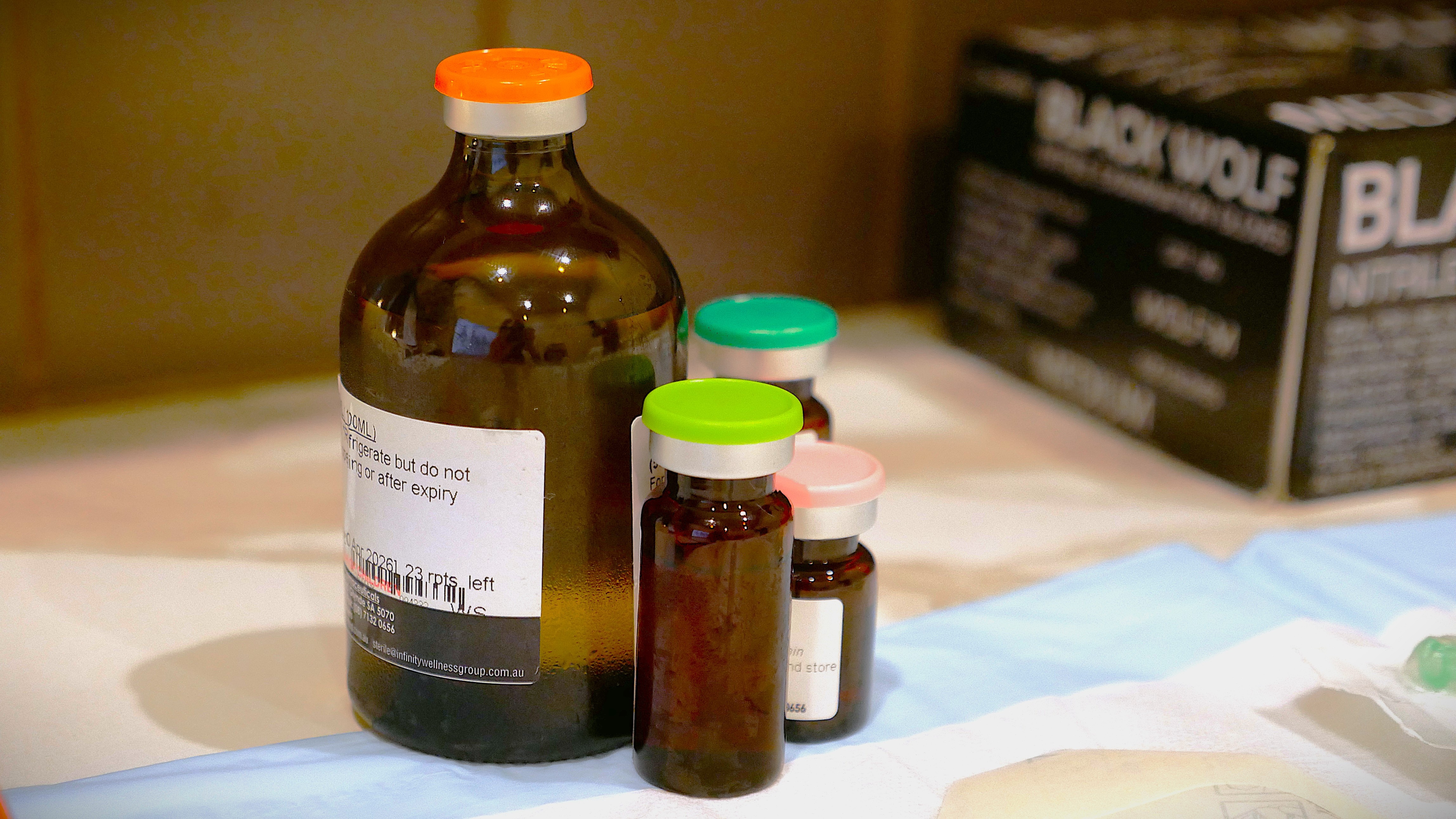 A cluster of brown glass bottles.