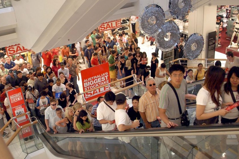 Crowds queue for the escalator in a Brisbane department store
