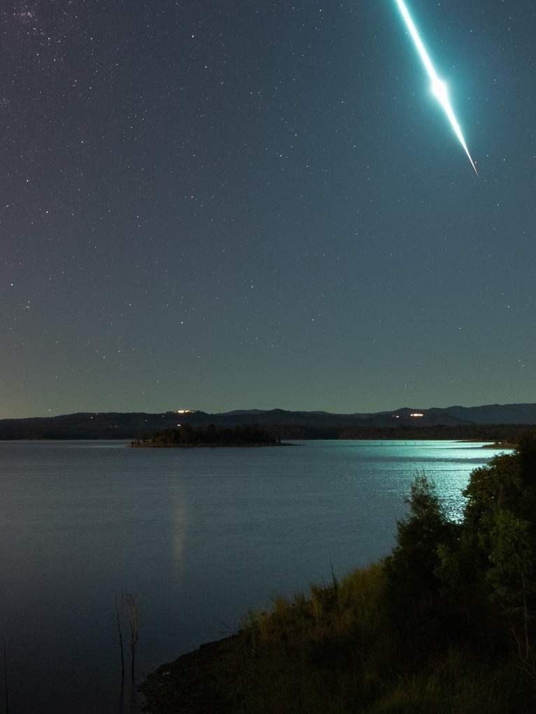A meteor streaking across the sky at night, lighting up the surface of a dam