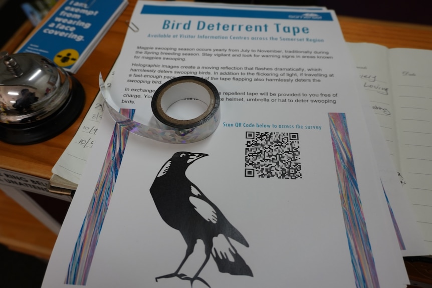 A roll of tape sits on a flyer about magpies