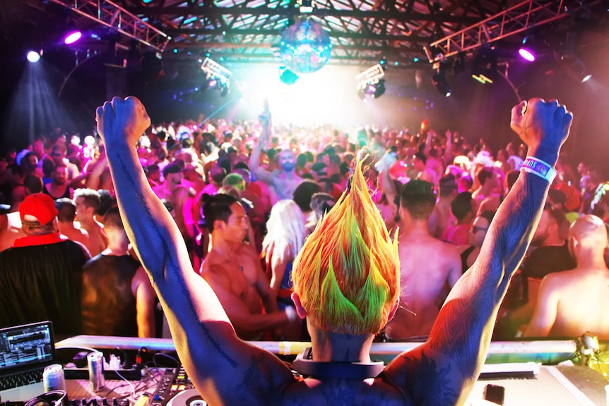 Dj with arms in the air in front of crowd at the Tropical Fruits New Year's Eve festival