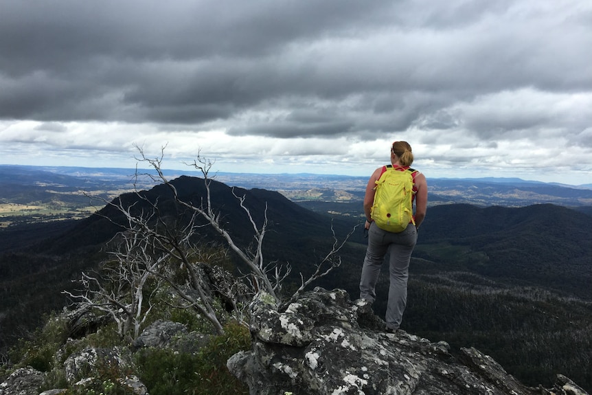 A female hiker stands on top of a rocky outcrop looking out at the view of nature below.