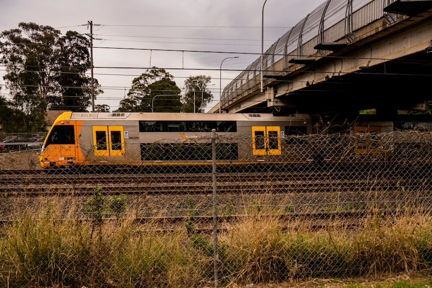 A double-decker Sydney train travels below an overpass. It is behind a fence.