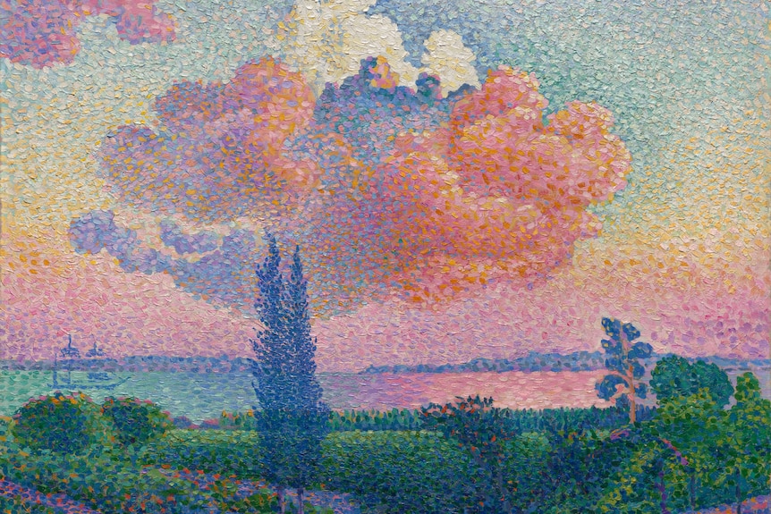 A pastel painting of sunset using pointillism technique.
