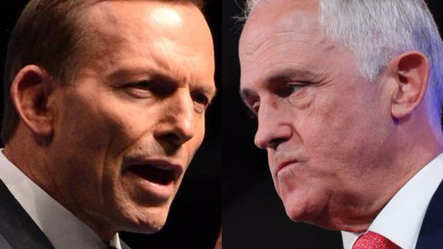 Tony Abbott and Malcolm Turnbull face each other looking angry in a composite image.