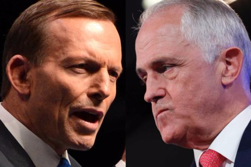 Tony Abbott and Malcolm Turnbull face each other looking angry in a composite image.