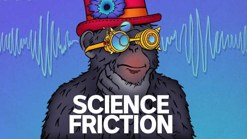 Picture of a monkey deep in thought dressed in a steam-punk outfit. Science Friction title