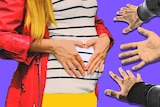 Woman holding her pregnant belly as three hands reach out to touch it for a story about dealing with unwanted belly touching.