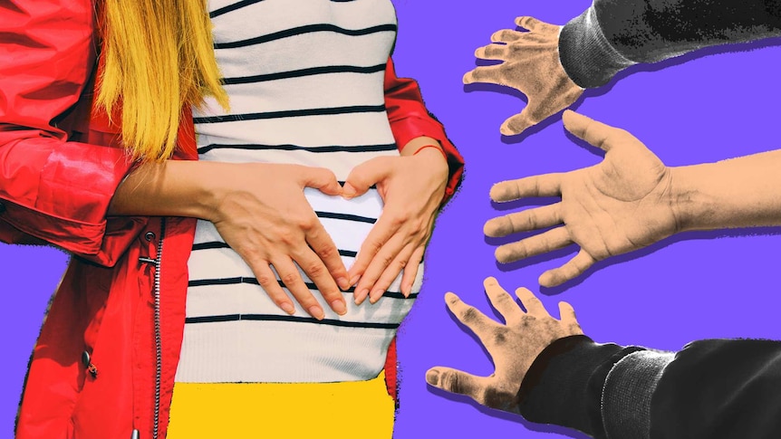 Woman holding her pregnant belly as three hands reach out to touch it for a story about dealing with unwanted belly touching.