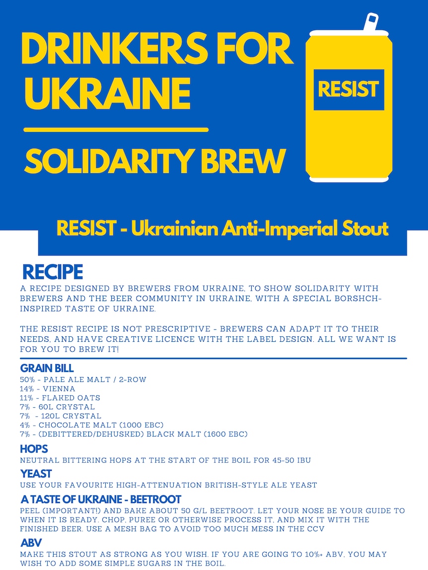 Blue graphic with yellow text detailing recipe for how to brew a beer to support Ukrainians