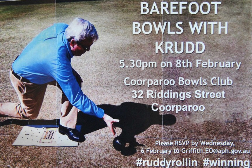 Flyer advertising barefoot bowls with Kevin Rudd.