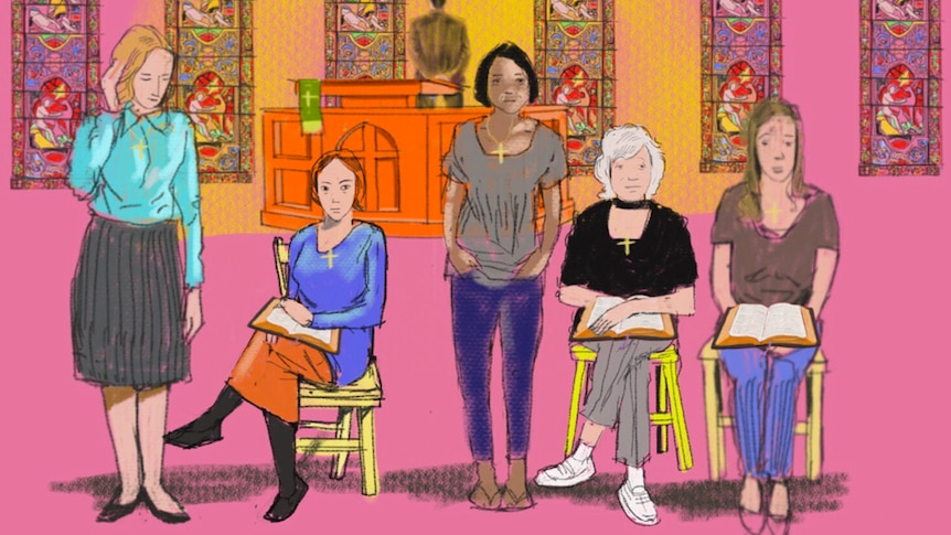 An illustration shows five women standing in front of a pulpit and several stained glass windows.
