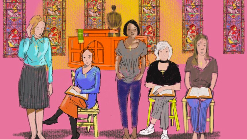An illustration shows five women standing in front of a pulpit and several stained glass windows.