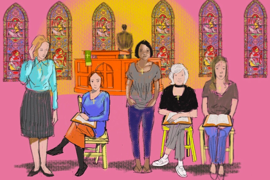 An illustration shows five women standing in front of a pulpit and several stained glass windows.