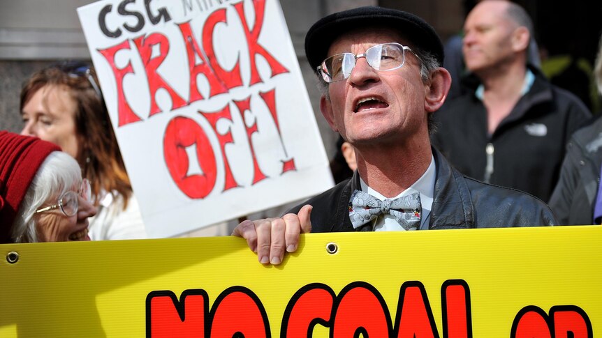 A coal seam gas protest at a Sydney hotel, 2011.