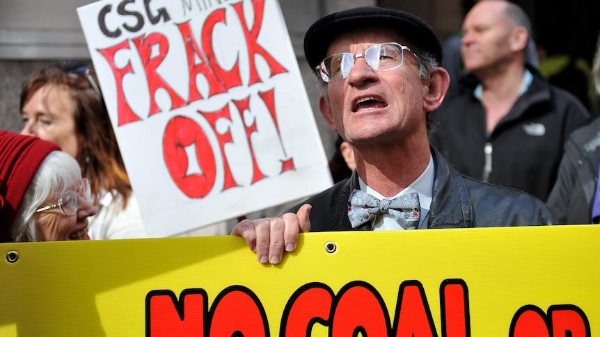 A coal seam gas protest at a Sydney hotel